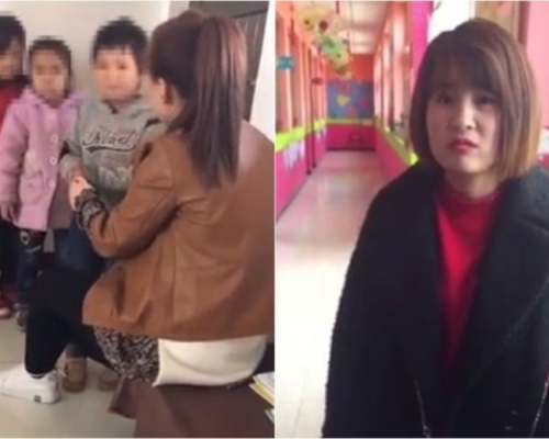 幼兒園教師體罰學生(左),副園長(右)稱拍片是為了「傳播正能量」。(網圖)