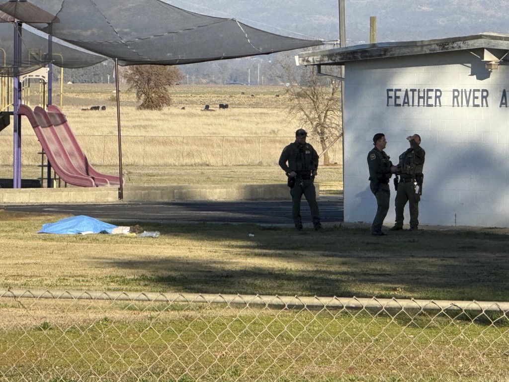 槍手陳屍在學校滑梯與其他操場器材旁，遺體以藍色防水布覆蓋。美聯社