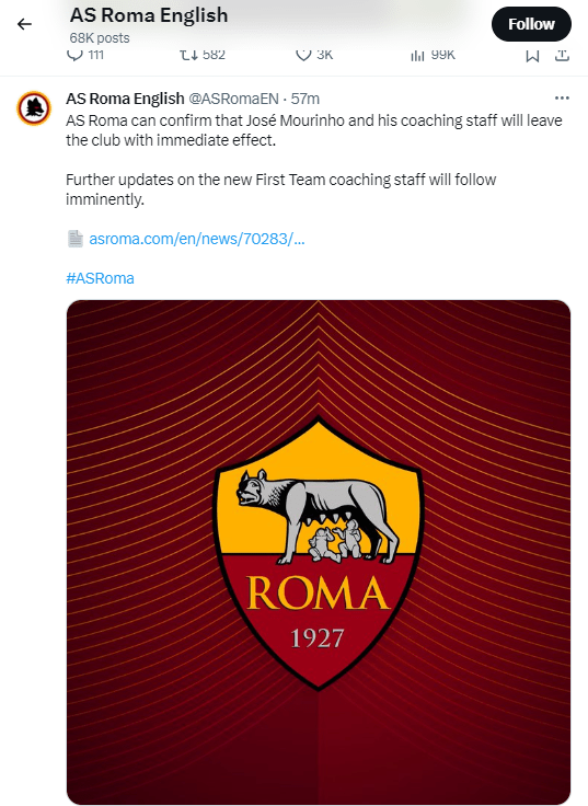 罗马同时在社交平台宣布摩连奴下课的消息。罗马Twitter