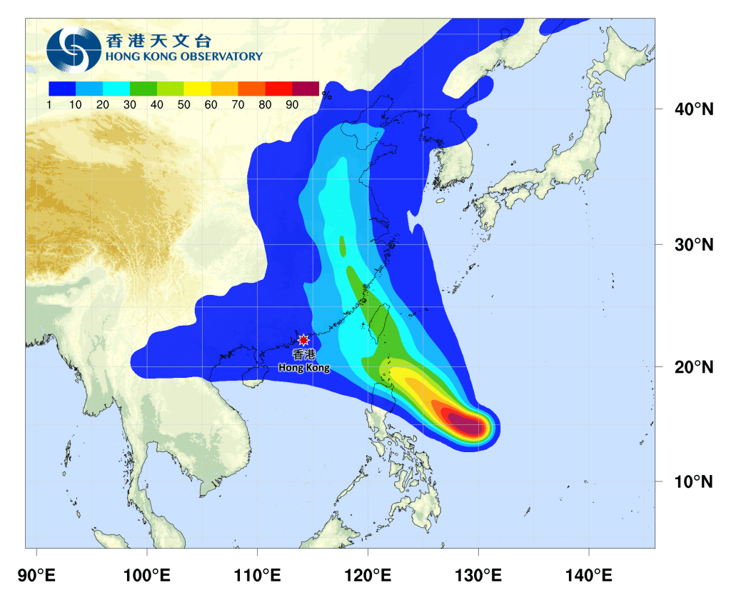 颱風杜蘇芮的預測路徑概率。（天文台網頁）