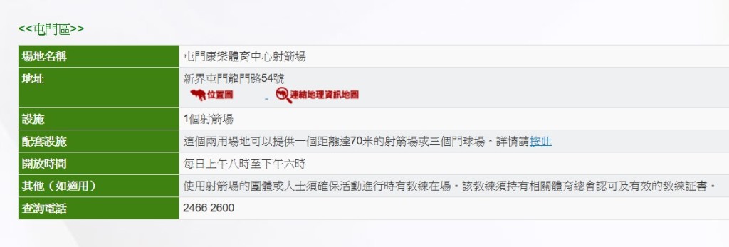 康文署轄下的射箭場分別位於荃灣、黃大 仙和屯門。康文署網站截圖 康文署轄下的射箭場分別位於荃灣、黃大 仙和屯門。康文署網站截圖