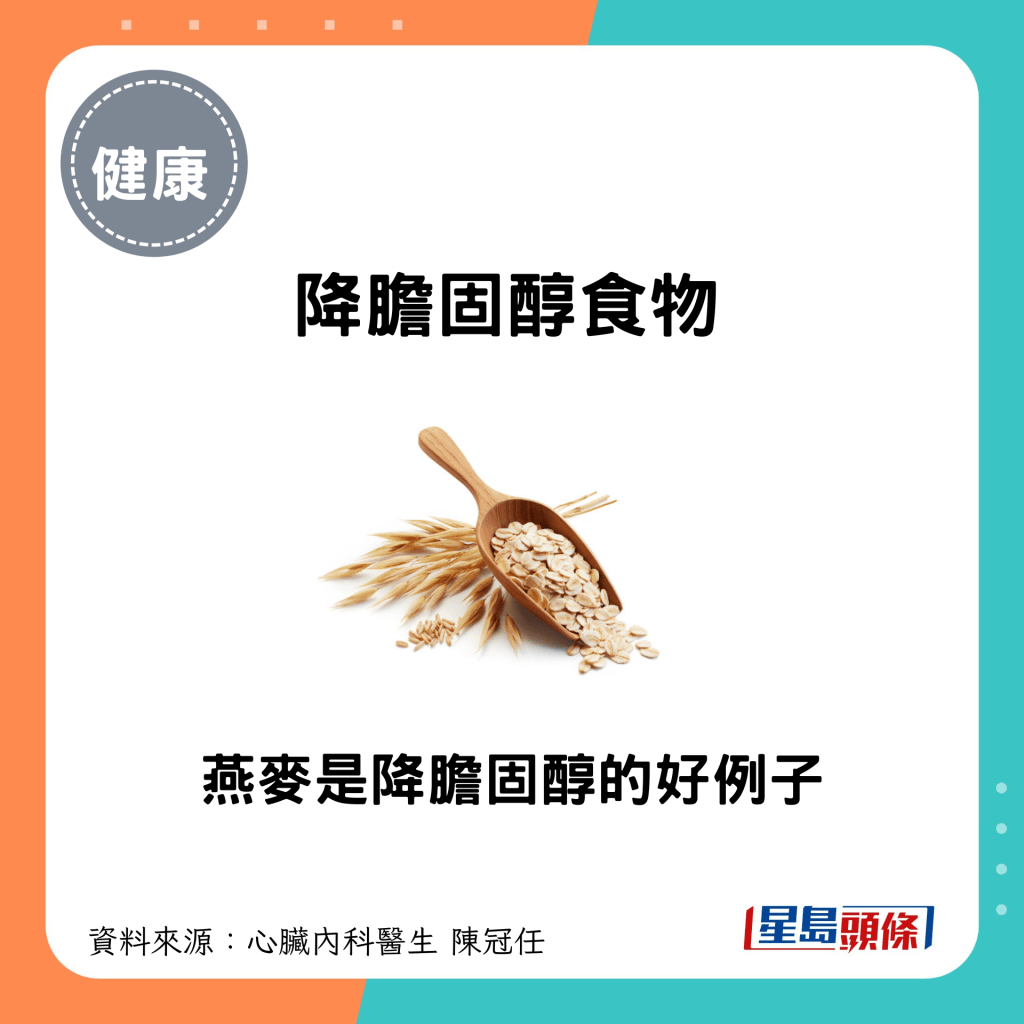 陳醫生表示，燕麥這種食物是降膽固醇的好例子。