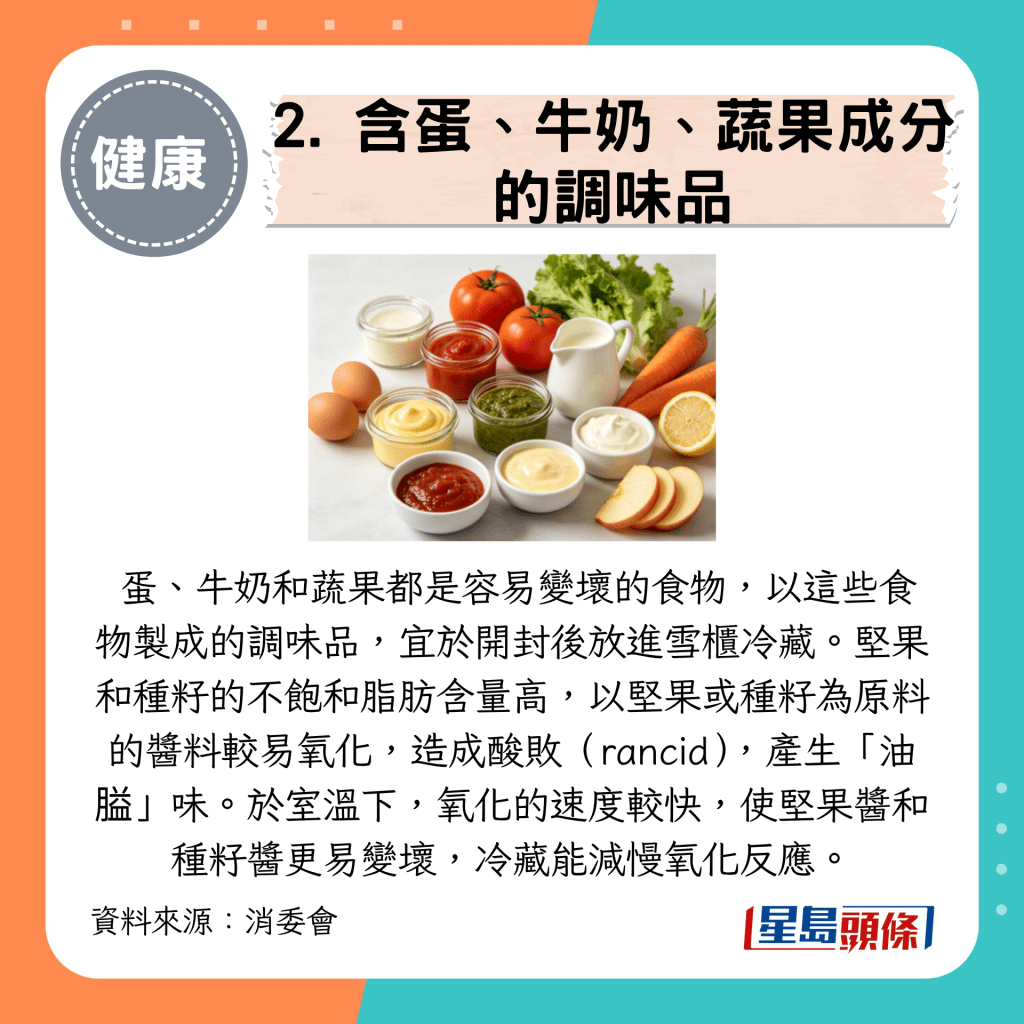 蛋、牛奶和蔬果都是容易變壞的食物,以這些食物製成的調味品,宜於開封後放進雪櫃冷藏。 蛋、牛奶和蔬果都是容易變壞的食物,以這些食物製成的調味品,宜於開封後放進雪櫃冷藏。