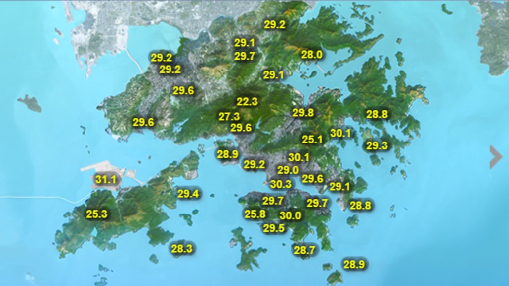 本港下午5时40分时各区最高气温。天文台撷图