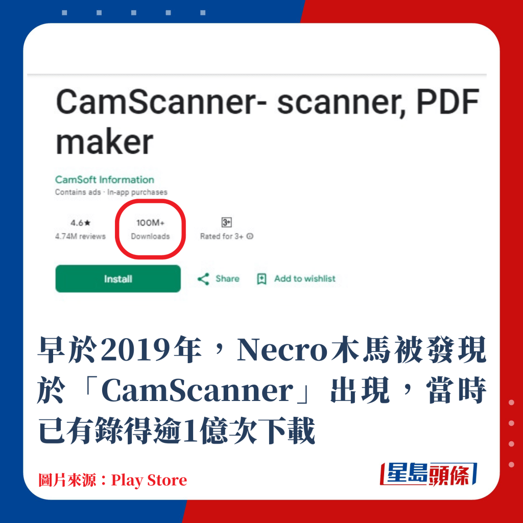 早於2019年，Necro木馬被發現於「CamScanner」出現，當時已有錄得逾1億次下載