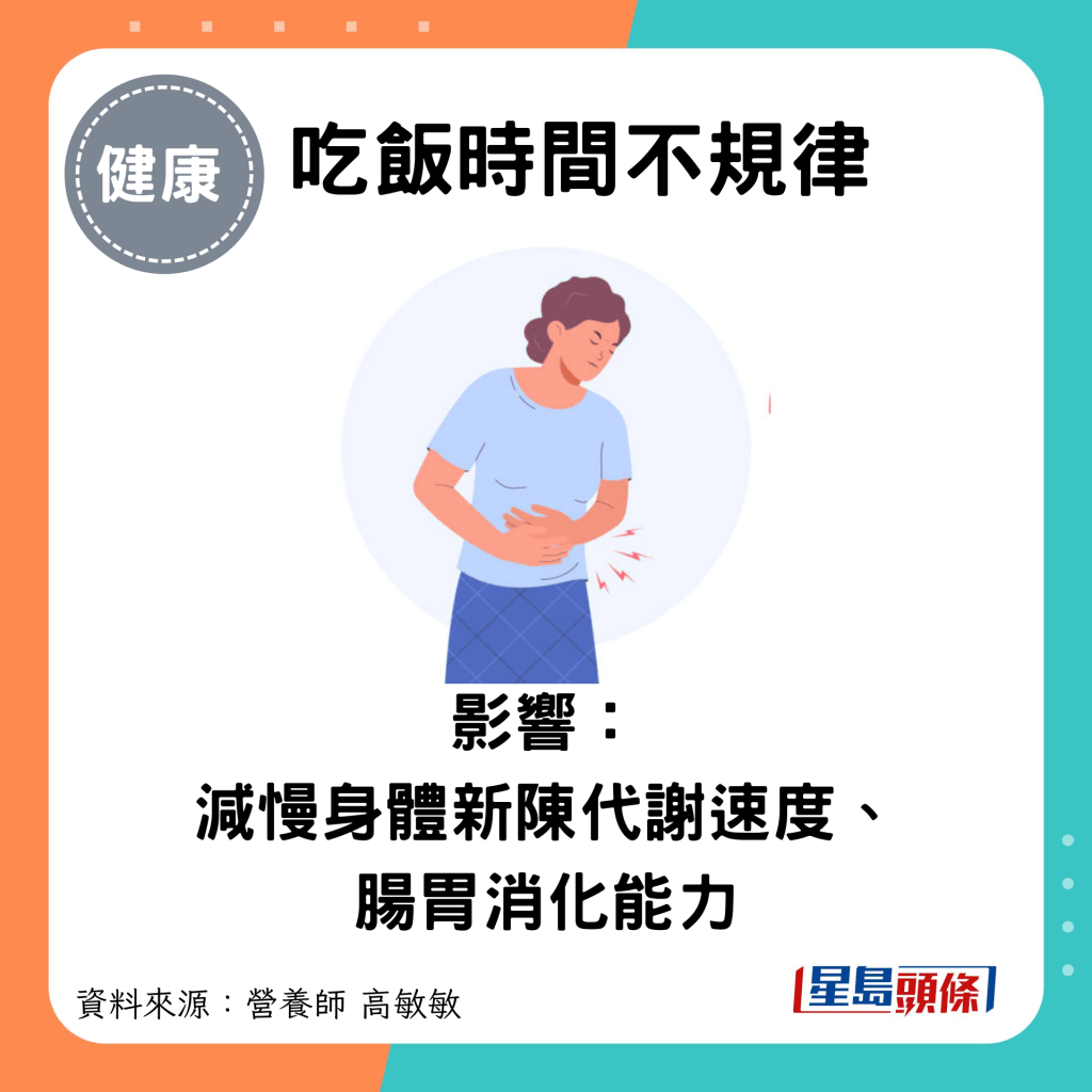 吃饭时间不规律：影响： 减慢身体新陈代谢速度、肠胃消化能力