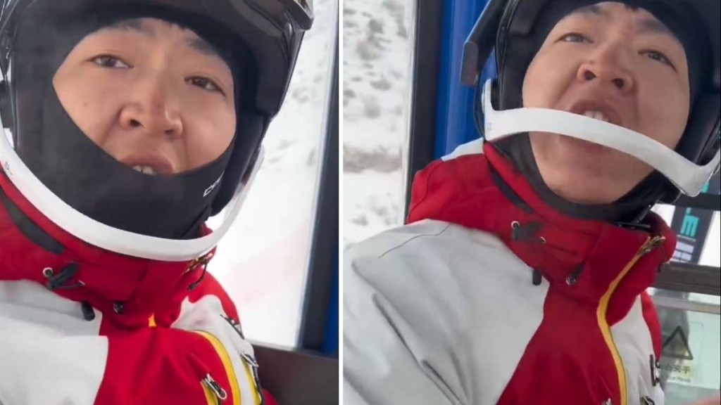 男滑雪客在纜車吸煙被制止後，情緒失控。微博