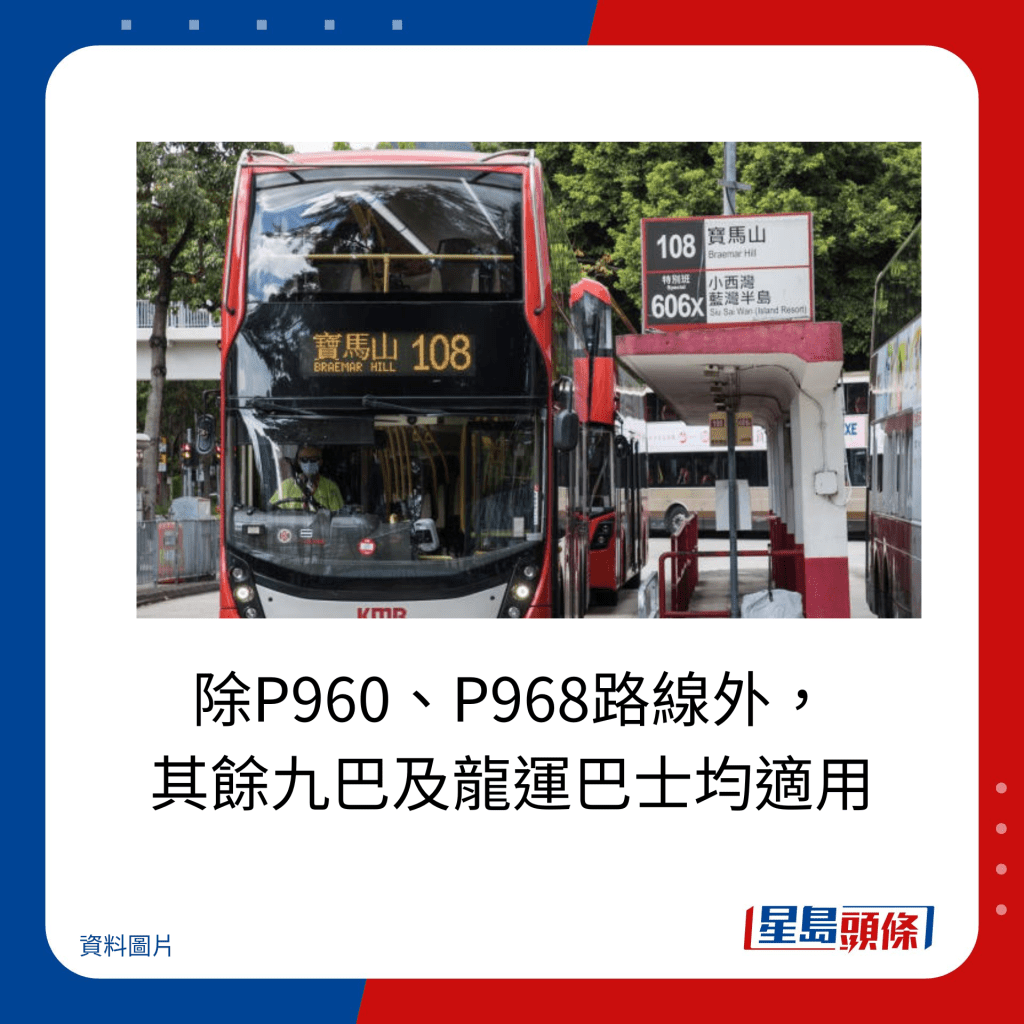 除P960、P968路線外， 其餘九巴及龍運巴士均適用。