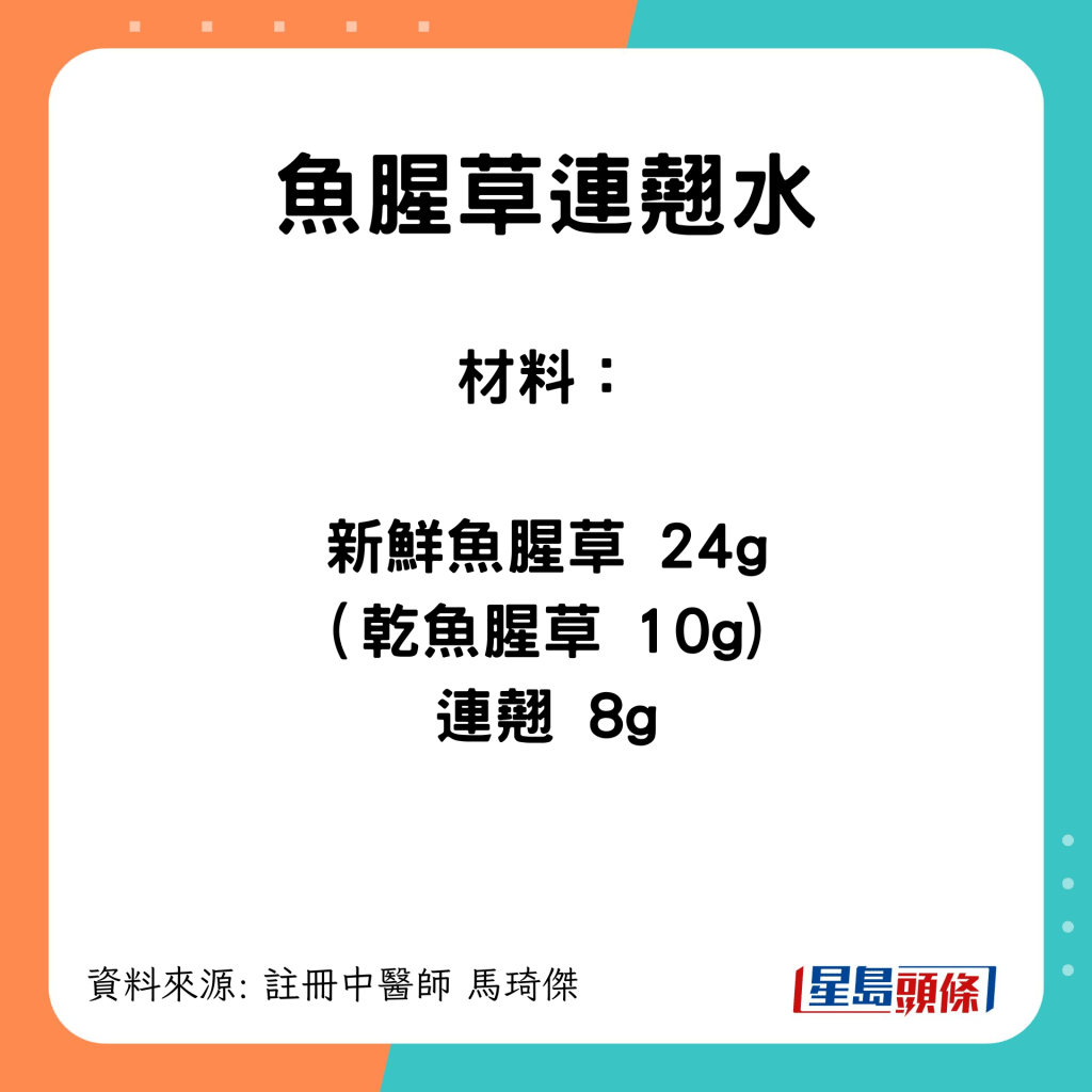 新鮮魚腥草24g（乾魚腥草10g)  連翹  8g