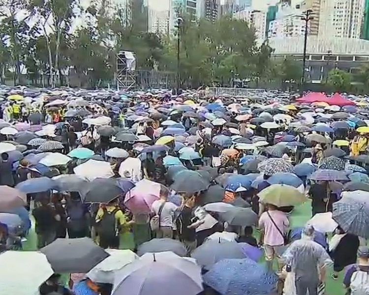 現場下起細雨,參加者大都撐起雨傘。有線電視截圖