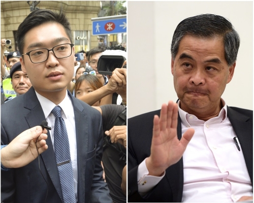 梁振英指港獨和FCC問題要跟進,強調會繼續發聲。左為陳浩天。