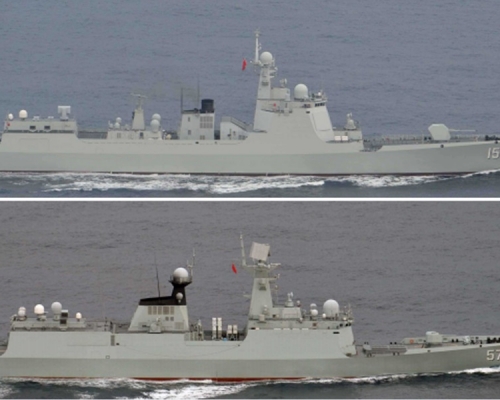 以導彈護衛艦「南京艦」為首的4艘中國戰艦。網圖