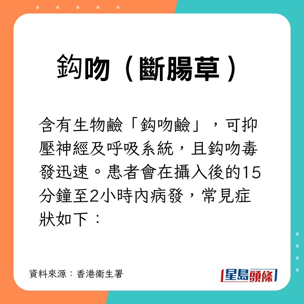 含生物鹼「鈎吻鹼」，可抑壓神經及呼吸系統，且毒發迅速。患者會在攝入後的15分鐘至2小時內病發