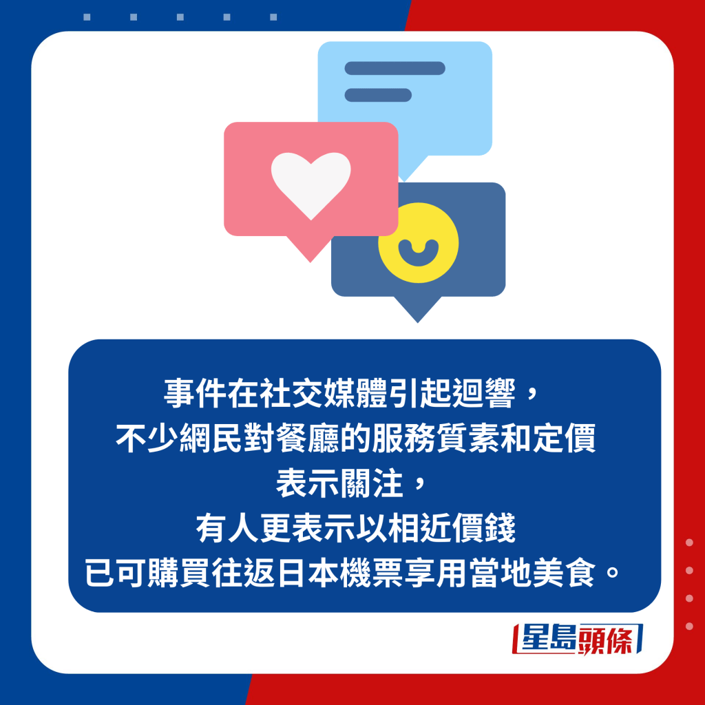 事件在社交媒體引起迴響，不少網民對餐廳的服務質素和定價表示關注，有人更表示以相近價錢已可購買往返日本機票享用當地美食。