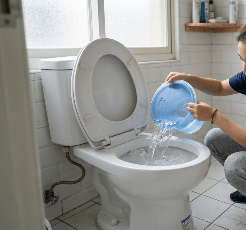 有網民分享其家中廁所停水一星期的痛苦經歷，意外引出其他網民分享生活小智慧。 (圖片由AI生成)