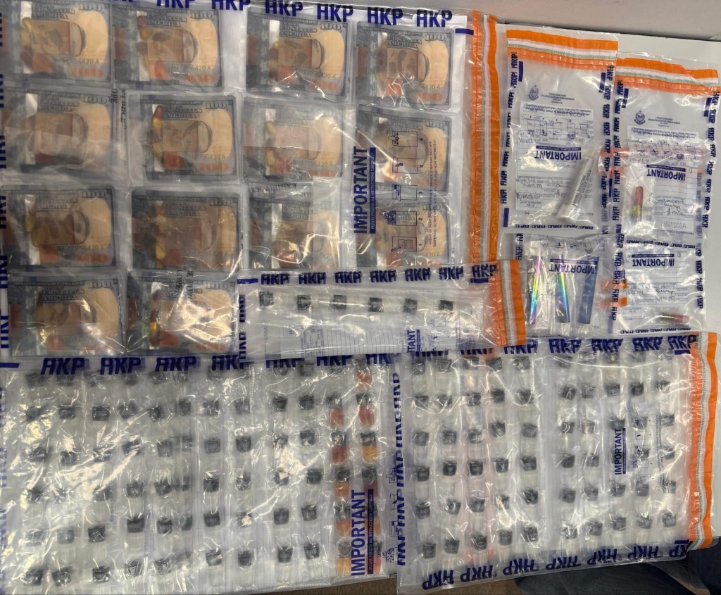 銅鑼灣利園山道藏毒窟 警檢$3.7萬依托咪酯等毒品。警方圖片