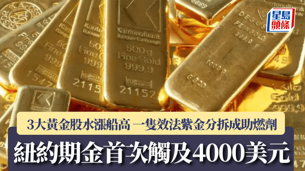紐約期金首次觸及4000美元 3大黃金股水漲船高 一隻效法紫金分拆成助燃劑