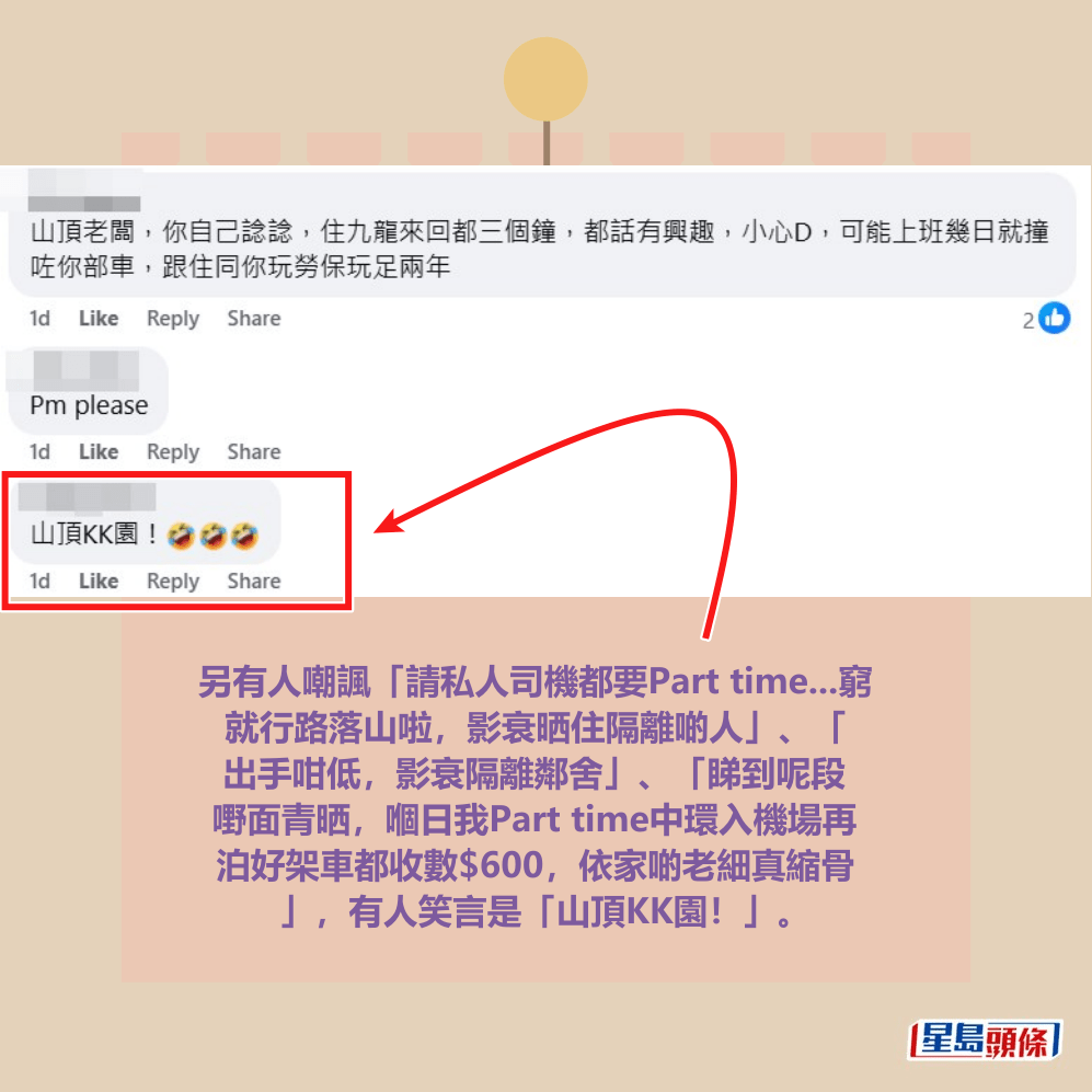 另有人嘲諷「請私人司機都要Part time...窮就行路落山啦,影衰晒住隔離啲人」、「出手咁低,影衰隔離鄰舍」、「睇到呢段嘢面青晒,嗰日我Part time中環入機場再泊好架車都收數$600,依家啲老細真縮骨」,有人笑言是「山頂KK園!」。fb「香港私人司機.公司司機.討論.招聘」截圖 另有人嘲諷「請私人司機都要Part time...窮就行路落山啦,影衰晒住隔離啲人」、「出手咁低,影衰隔離鄰舍」、「睇到呢段嘢面青晒,嗰日我Part time中環入機場再泊好架車都收數$600,依家啲老細真縮骨」,有人笑言是「山頂KK園!」。fb「香港私人司機.公司司機.討論.招聘」截圖