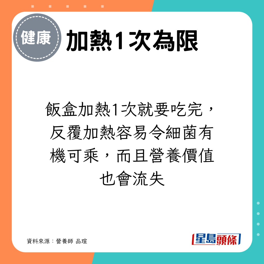 饭盒加热1次就要吃完，反覆加热容易令细菌有机可乘，而且营养价值也会流失