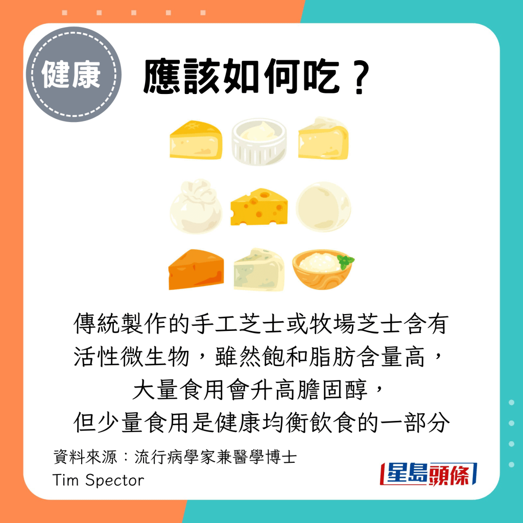 传统制作的手工芝士或牧场芝士含有活性微生物，虽然饱和脂肪含量高， 大量食用会升高胆固醇， 但少量食用是健康均衡饮食的一部分