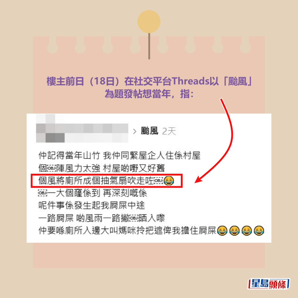 樓主前日(18日)在社交平台Threads以「颱風」 為題發帖想當年。Threads截圖 樓主前日(18日)在社交平台Threads以「颱風」 為題發帖想當年。Threads截圖
