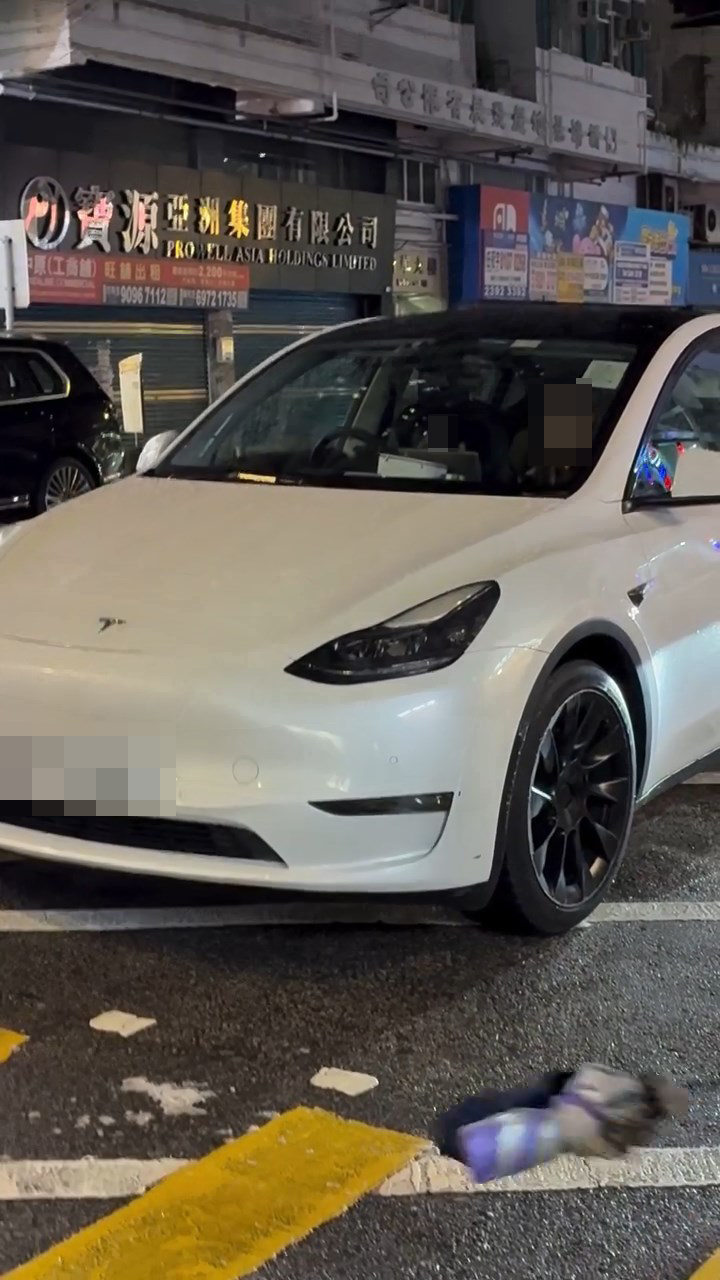 一名男童坐在白色Tesla私家車的司機位上,手握軚盤操控車輛,而旁邊的女乘客未有阻止。網上片段截圖 一名男童坐在白色Tesla私家車的司機位上,手握軚盤操控車輛,而旁邊的女乘客未有阻止。網上片段截圖