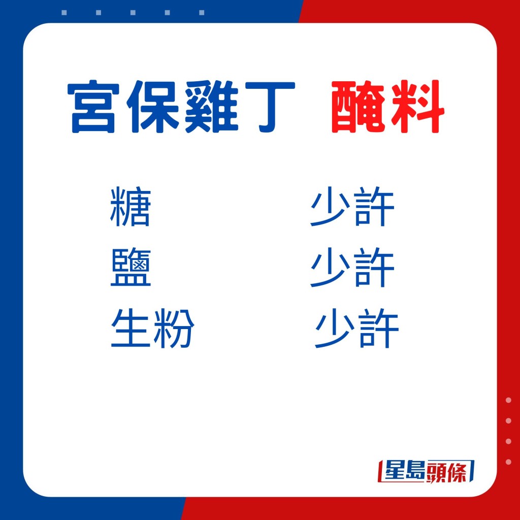 醃料：糖少許、鹽少許、生粉少許