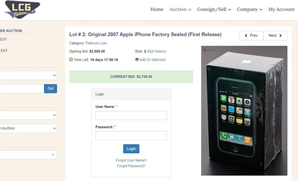 負責拍賣的LCG Auctions列出「全新未拆封」iPhone，底價為2500美元。網圖