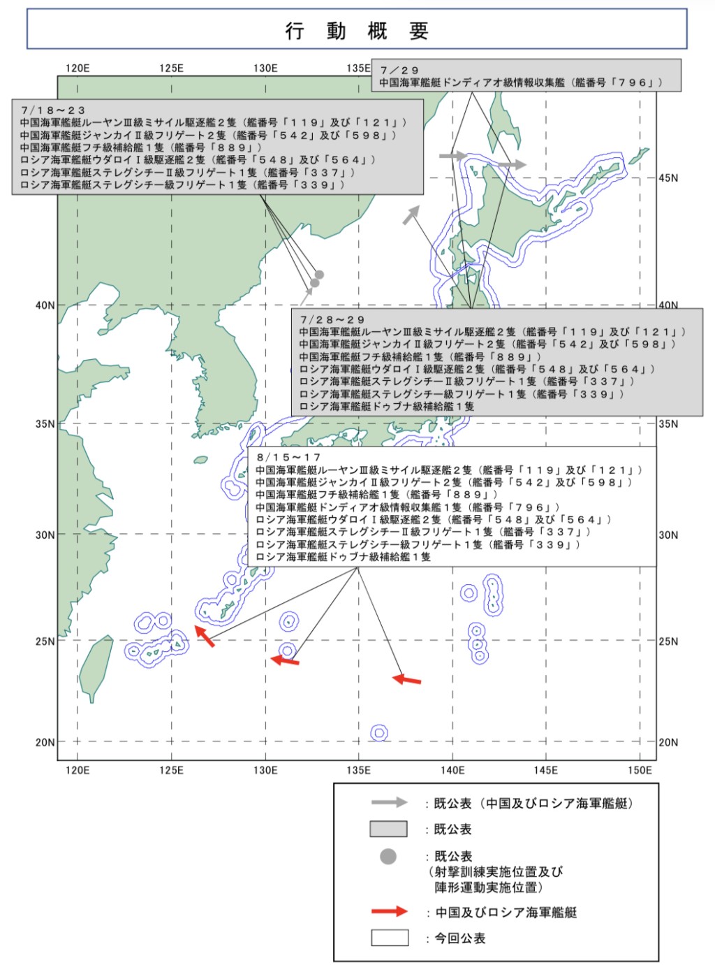  中俄艦艇穿越宮古海峽示意地圖，紅色箭嘴為中俄艦艇移動路線。mod.go.jp