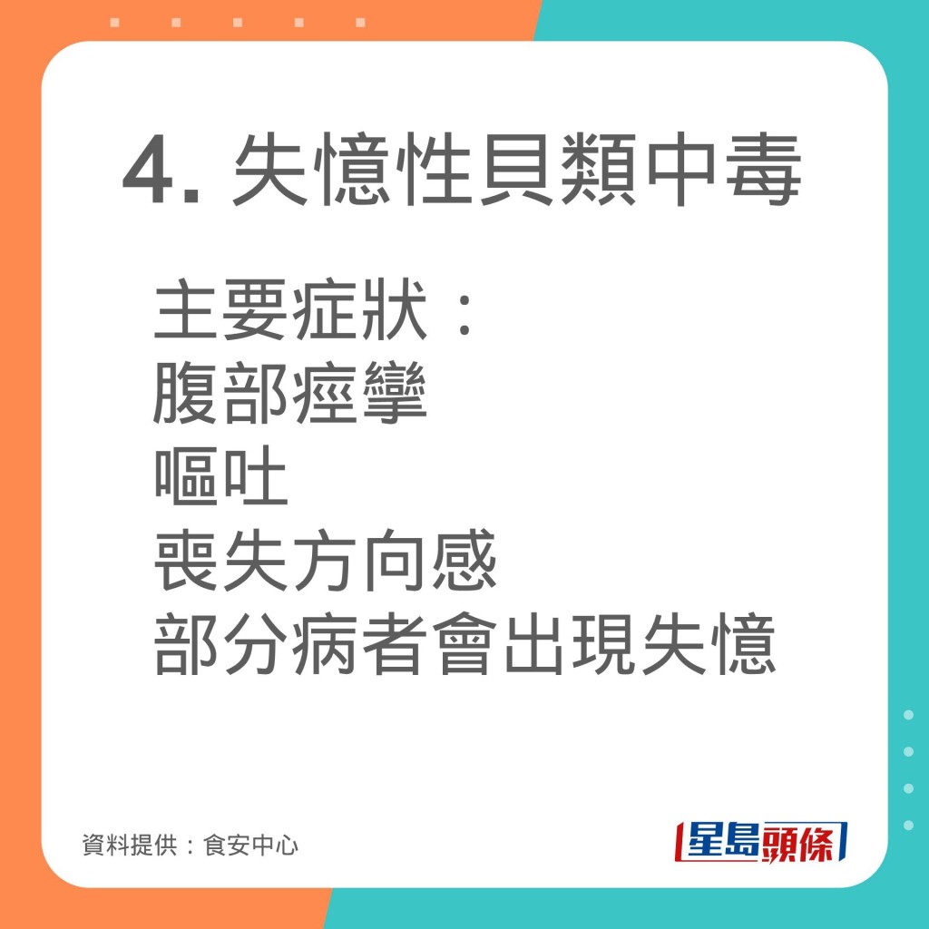 食安中心分享不同毒素通常汲及的雙貝類海產及中毒症狀。