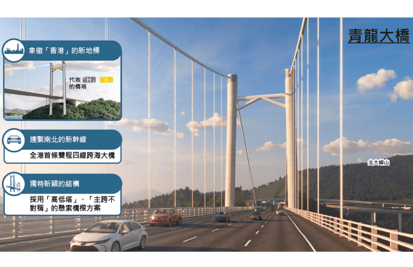 青龍大橋的外觀設計十分獨特，採用了「高低塔」及「主跨不對稱」的懸索橋樑方案，使其能自然融合附近的環境。