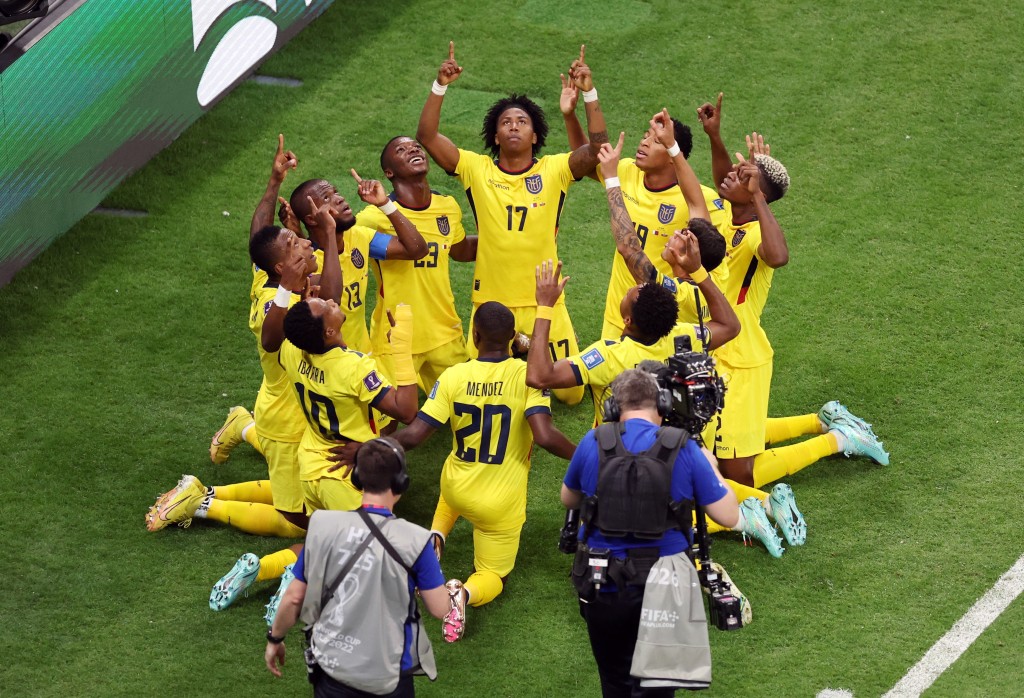 厄瓜多爾球員跪地慶祝入球。REUTERS