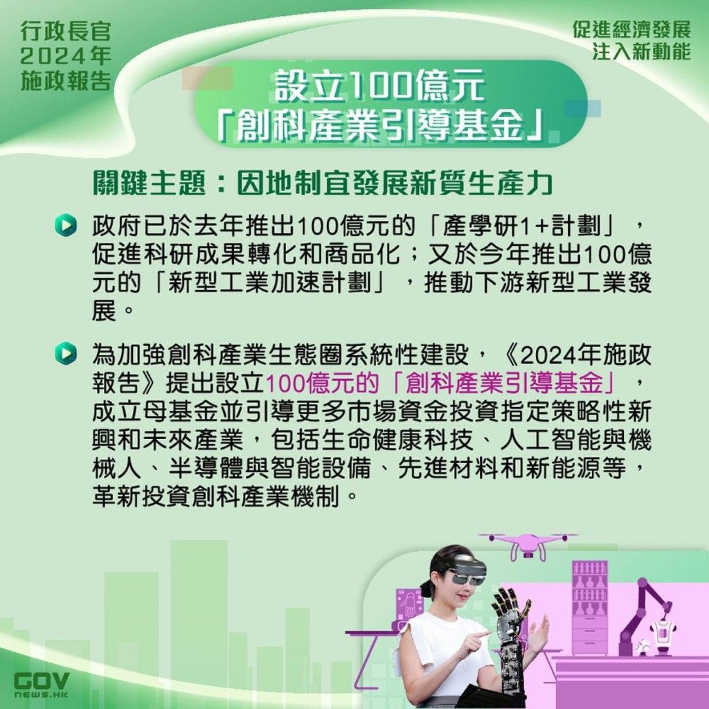 革新政府投资创科产业的思路，包括设立100亿元「创科产业引导基金」 ，加强引导市场资金投资指定策略性新兴和未来产业。