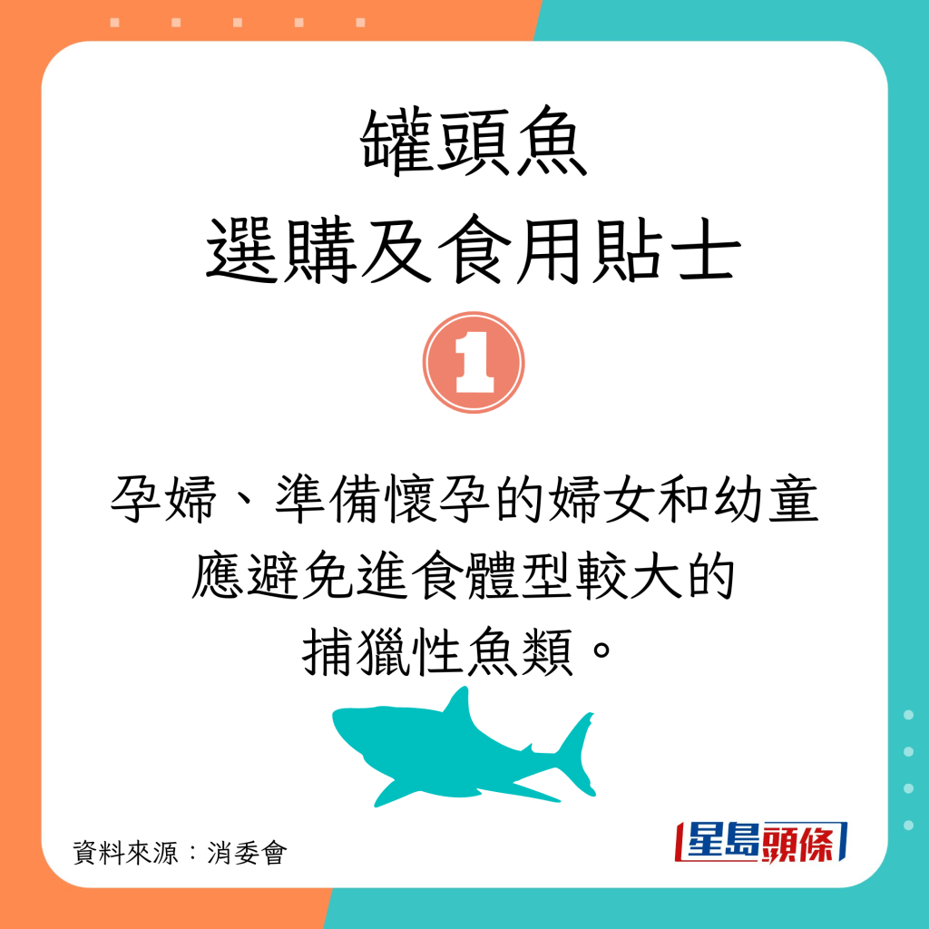 消委會選購罐頭魚及食用貼士｜孕婦、準備懷孕的婦女和幼童應避免進食體型較大的捕獵性魚類。