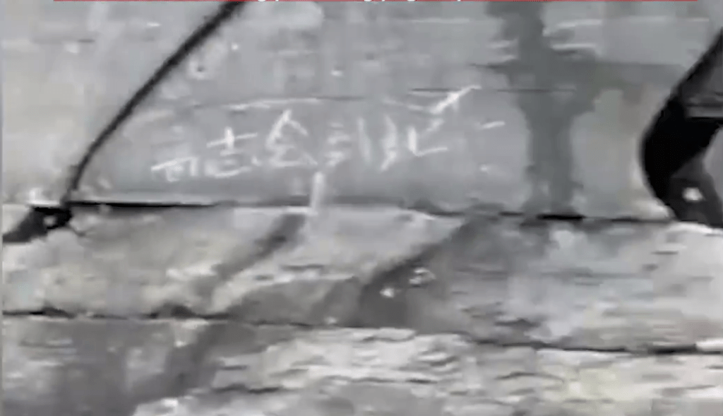 拍攝者的影片中，除了有一名男子在刻字外，巖壁多處都有塗鴉。