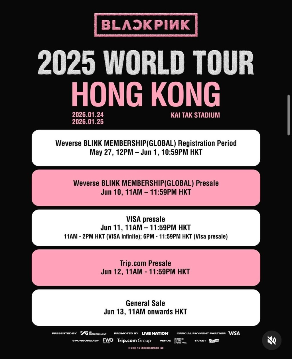 BLACKPINK演唱會香港站將於明年1月24日及25日在啟德主場館舉行。 BLACKPINK演唱會香港站將於明年1月24日及25日在啟德主場館舉行。
