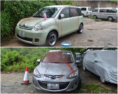 多達13輛泊在路邊的私家車被淋潑紅油。林思明攝