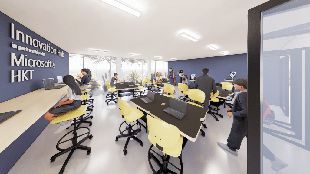Microsoft 香港及 HKT 首次在过渡性房屋项目内，携手建设「Innovation Hub」创新教室，目标对象包括儿童、在职青年及长者住户等。（构想图）