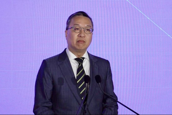 林定國在致辭提出3個「不能」及一個「堅持」。盧江球攝 林定國在致辭提出3個「不能」及一個「堅持」。盧江球攝