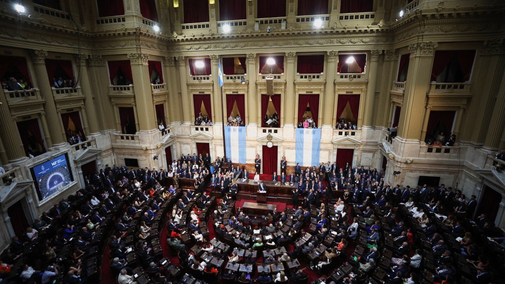 米莱在阿根廷国民议会第142届立法任期开幕式上发表讲话。 路透社
