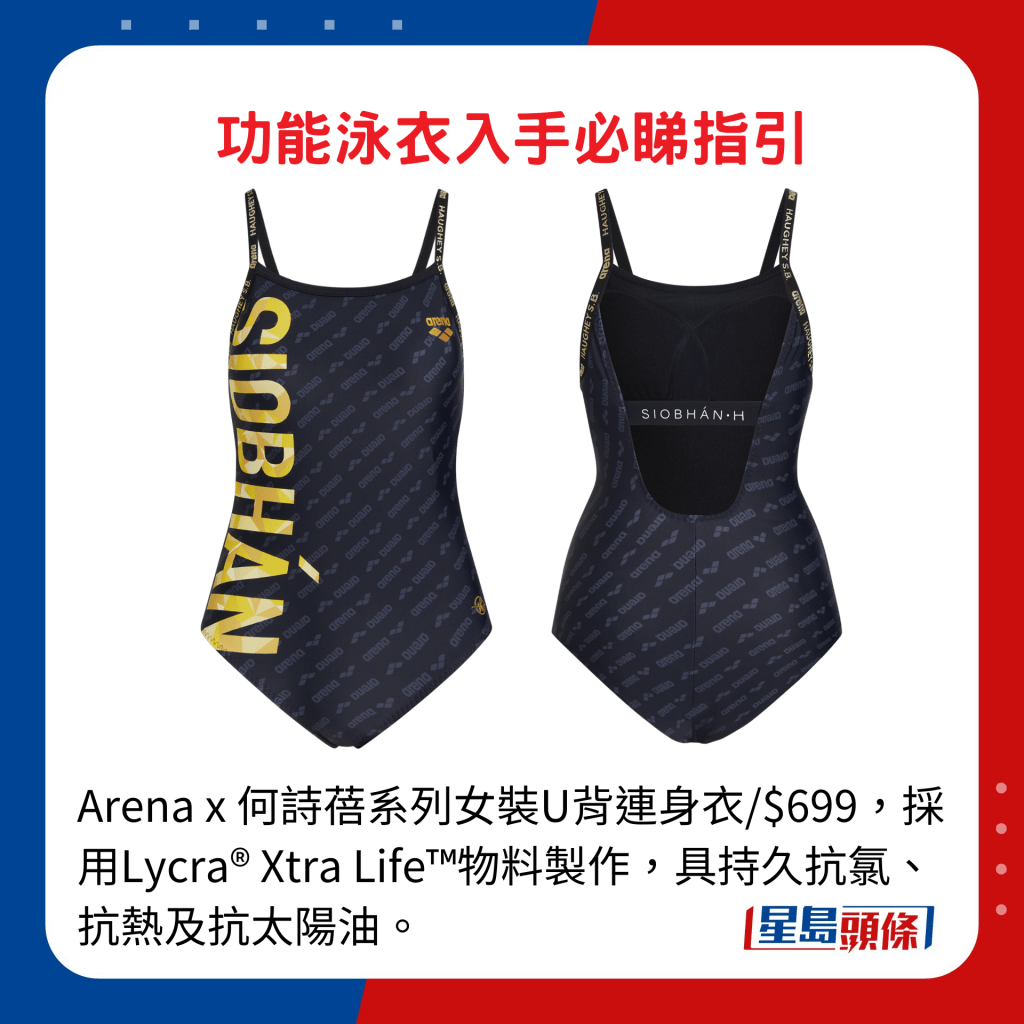 Arena x 何詩蓓系列女裝U背連身衣/$699，採用Lycra® Xtra Life™物料製作，具持久抗氯、抗熱及抗太陽油。