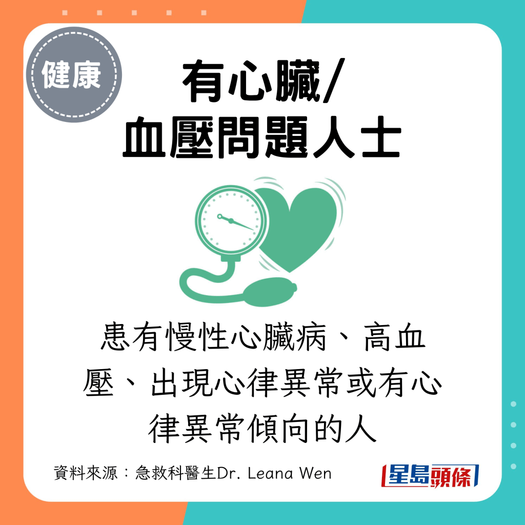 包括患有慢性心脏病、高血压、出现心律异常或有心律异常倾向的人