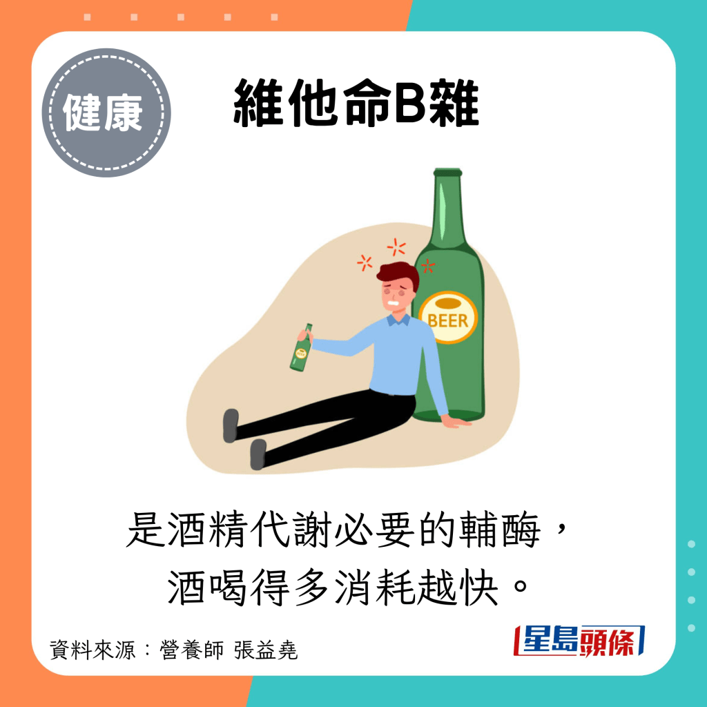 维他命B杂：是酒精代谢必要的辅酶，酒喝得多消耗越快。