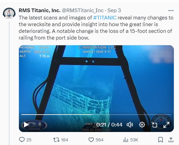 「皇家邮轮铁达尼号」（RMS Titanic, Inc.）指，船头栏杆消失。