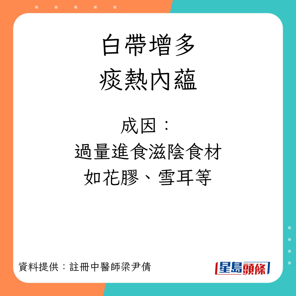 白带增多症状︱痰热内蕴成因：过量进食滋阴食材如花胶、雪耳等。