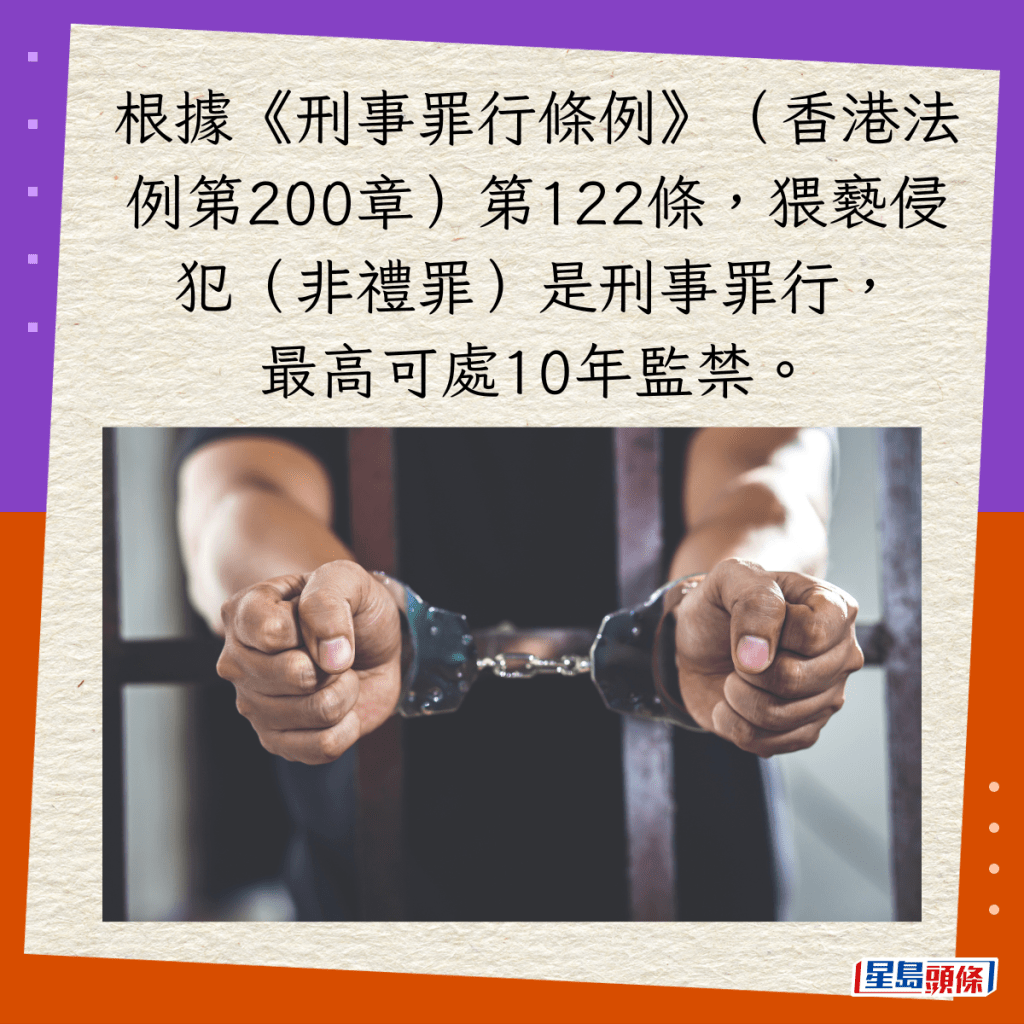根據《刑事罪行條例》（香港法例第200章）第122條，猥褻侵犯（非禮罪）是刑事罪行，最高可處10年監禁。