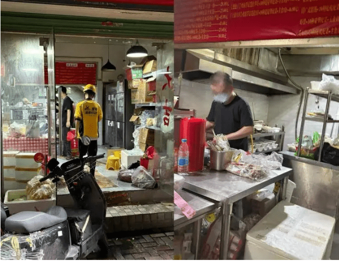 記者實拍該店門店（左）與廚房（右）。