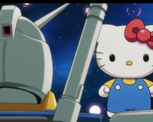 Hello kitty與高達主角阿寶相遇。
