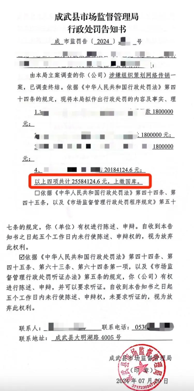 涉事企业被处罚的行政告知书。