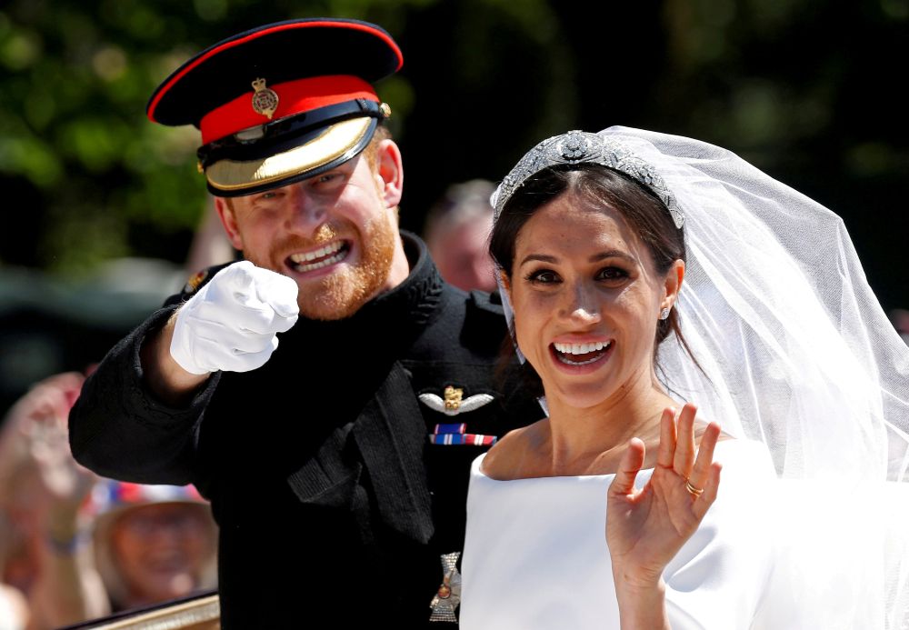 哈里王子与梅根结婚照片。 AP